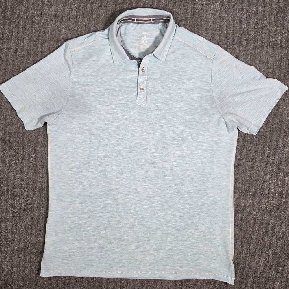 Tommy‎ Bahama Mens Polo Shirt Medium Light Blue Heathered Short Sleeve Stretch